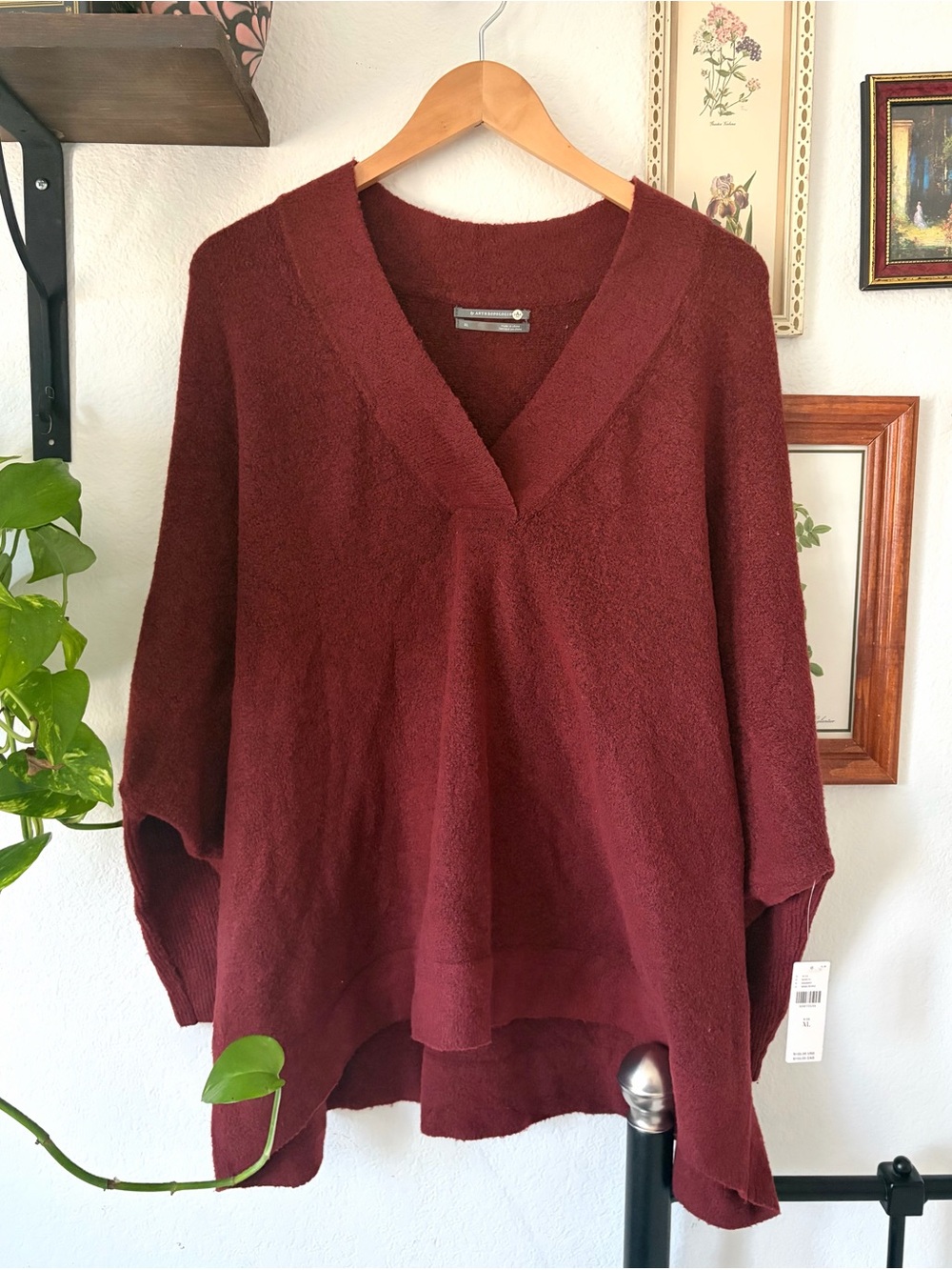 Anthropologie Cozy Deep Burgundy V-Neck Oversized Sweater - XL - Wine NWT
